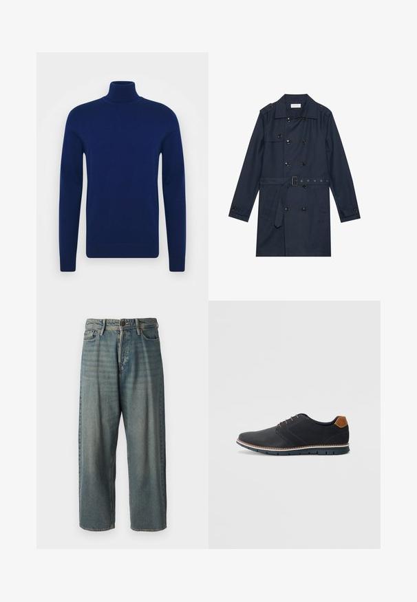 Navy trench coat in lightweight fabric, featuring double-breasted button closure, belted waist, and two side pockets with flap detail.; Navy blue turtleneck sweater made of smooth knit fabric. Long sleeves and fitted design with ribbed accents at the collar and hem.; Light blue denim jeans with a loose fit, mid-rise waist, and straight legs. Features five pockets, belt loops, and a button closure.; Black synthetic shoes with a textured upper, smooth accents, brown heel, and a contrasting sole. Features minimal lacing and stitch details.