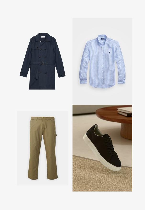 Marineblauer Trenchcoat aus leichtem Material, mit doppelter Knopfverschluss, tailliertem Gürtel und zwei seitlichen Taschen mit Klappendetail.; Blau-weißer gestreifter Langarmshirt aus Baumwolle mit einem Button-Down-Kragen, Frontknöpfen und einem kleinen gestickten Logo auf der Brust.; Khakihosen aus glattem Stoff mit Knopfverschluss, Gürtelschlaufen, zwei Fronttaschen und einer Seitentasche im geraden Bein-Design.; Schwarze Sneakers mit weißer Sohle, die über einem beige strukturierten Teppich schweben, in der Nähe eines runden Holztisches mit gestapelten Büchern.