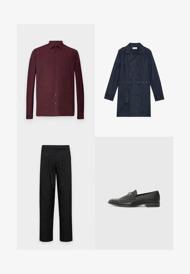 Marineblauer Trenchcoat aus leichtem Material, mit doppelter Knopfverschluss, tailliertem Gürtel und zwei seitlichen Taschen mit Klappendetail.; Burgundy Langarmhemd aus strukturiertem Stoff mit Kragen und schwarzen Knöpfen auf der Vorderseite, mit enganliegenden Manschetten.; Schwarze Hose aus glattem Stoff, mit geradem Bein Design, zwei vorderen Falten und einem Standardbund mit Gürtelschlaufen.; Schwarzer Lederloafer mit glatter Oberfläche, ausgestattet mit einer gesteppten Gestaltung und einem dekorativen Metallkettendetail über dem Vorderblatt. Flacher Absatz.
