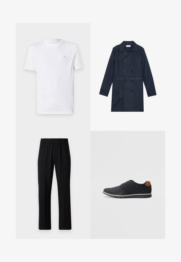 Granatowy płaszcz trench w lekkim materiale, z podwójnym zapięciem na guziki, paskiem w talii oraz dwoma bocznymi kieszeniami z klapą.; Biała bawełniana koszulka z okrągłym dekoltem i krótkimi rękawami, z jasnoniebieskim logo po lewej stronie klatki piersiowej. Gładka faktura, prosty design.; Czarne spodnie z elastycznym pasem o prostym kroju, z gładką strukturą i bez widocznych wzorów czy elementów metalowych.; Czarne syntetyczne buty z fakturowaną cholewką, gładkimi akcentami, brązowym obcasem i kontrastującą podeszwą. Charakteryzują się minimalnym sznurowaniem i detalami w szwach.