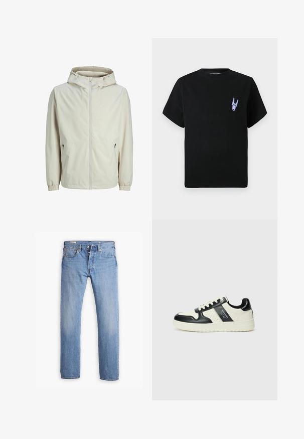 Ľahká béžová bundička na zips s kapucňou, elastickými manžetami, dvoma bočnými vreckami a hladkým materiálom, ideálna na neformálne nosenie.; Čierne bavlnené tričko s krátkymi rukávmi, ktoré má malý fialový grafický detail na ľavej časti hrude. Jednoduchý, hranatý dizajn.; Levi's® 501 ORIGINAL - Džínsy s rovným strihom - smooth cruise cool; Kožené tenisky v čierno-krémovej farbe, s perforovanými akcentmi, polstrovaným golierom a štruktúrovanou podrážkou.
