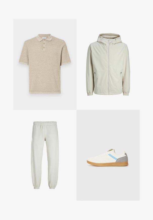 Leichte, beigen Zip-Jacke mit Kapuze, elastischen Bündchen, zwei Seitentaschen und glattem Stoff, ideal für die Freizeit.; Beige Polo-Shirt, kurze Ärmel, strukturierter Strickstoff, Drei-Knopf-Leiste, klassischer Kragen, dezentes Muster, lockere Passform.; Weiße Jogginghose aus weichem Stoff, mit elastischem Bund und Säumen, einer glatten Textur und lockerem Schnitt.; Sneaker mit einem cremfarbenen Obermaterial, blauen Seitestreifen und grauem Fersenelement. Mit einem strukturierten Design und einer Sohle aus Gummi.