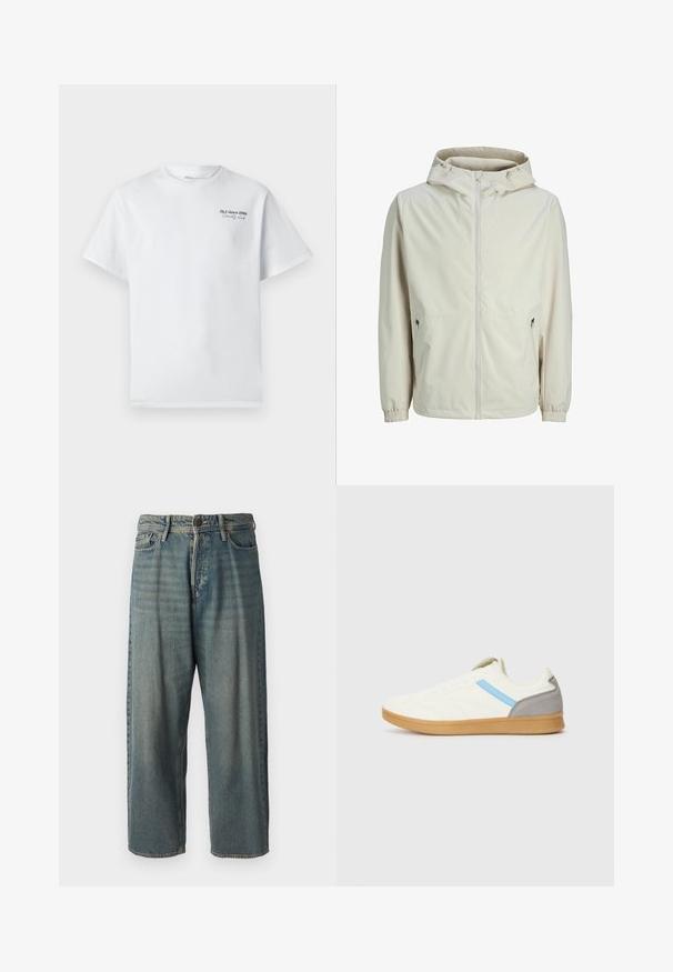 Viegls, bēšs zipa jaka ar kapuci, elastīgām aprocēm, divām sānu kabatām un gludu audumu, ideāli piemērota ikdienas valkāšanai.; Balts kokvilnas T-krekls ar īsām piedurknēm, apaļu dekoltē, ar mazu melnu teksta logotipu "J&J kopš 1990. gada Sabiedrības klubs" uz krūtīm.; Gaiši zili džinsi ar brīvu piegriezumu, vidējo jostas augstumu un taisnām kājām. Satur piecas kabatas, jostas cilpas un pogu aizdari.; Skeči ar krēma krāsas augšdaļu, zilu sānu svītru un pelēku papēža akcentu. Piedāvā teksturētu dizainu un gumijas zoli.