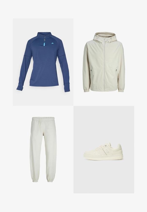 Lengvas, smėlio spalvos užtrauktuku užsegamas džemperis su kapišonu, elastinėmis rankovėmis, dviem šoninėmis kišenėmis ir lygiu audiniu, puikiai tinkantis kasdienei aprangai.; Tamsiai mėlynos spalvos ilgomis rankovėmis sportinis viršus su pusiau užtrauktuku ant apykaklės, mėlynais akcentais, raglan rankovėmis ir lygiu, lengvu audiniu.; Baltos sportinės kelnės, pagamintos iš minkštos medžiagos, su elastinga juosmeniu ir rankogaliais, turinčios lygią tekstūrą ir laisvą siluetą.; Kremo spalvos sportbačiai su perforuotomis detalėmis, raišteliais ir logotipu šone, išdėstyti prieš paprastą baltą foną.