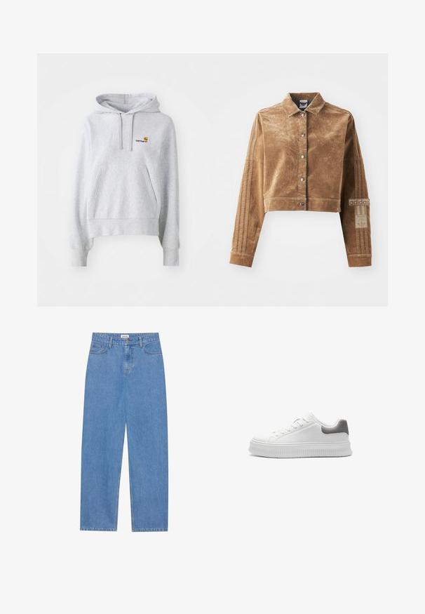 Veste courte marron en tissu texturé, dotée d'un col, de boutons-pression à l'avant et d'un logo Adidas avec trois bandes sur les manches.; Sweat à capuche gris clair en mélange de coton, avec une poche kangourou à l'avant et un petit logo brodé sur la poitrine.; Jean en denim bleu clair avec une coupe droite, design à cinq poches, fermeture à un bouton et détails de couture subtils sur les coutures.; Baskets blanches avec une tige synthétique lisse, accent en cuir gris texturé à l'arrière, bout rond et semelle épaisse à nervures. Design à lacets avec un minimum de marques.