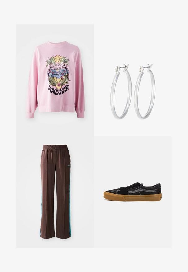 Chaqueta corta marrón hecha de un material texturizado, con cuello, botones frontales y la marca Adidas con tres rayas en las mangas.; Sudadera rosa con un gráfico vibrante de palmeras y una escena de playa con montañas, sol y detalles florales. Manga larga y puños acanalados.; Pantalones deportivos marrones con textura acanalada, cinturilla elástica y rayas laterales turquesas. Presenta el logo de adidas en la parte frontal.; Zapatillas de ante negro con costuras blancas y franja lateral distintiva, que presentan una suela de goma marrón y un diseño de corte bajo. Atadas con cordones negros.; Pendientes de aro de plata con un acabado liso y pulido. Forma redonda y cierre de click seguro. Diseño ligero adecuado para el uso diario.