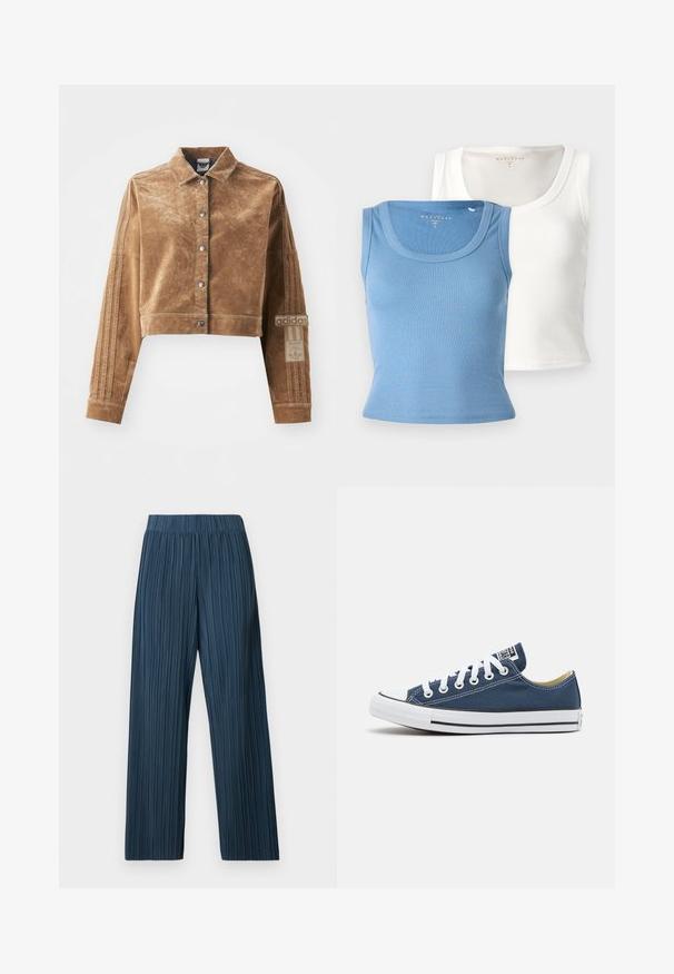Hnědá krátká bunda vyrobená z texturovaného materiálu, se límcem, předními patentkami a značkou Adidas s třemi pruhy na rukávech.; Dvě žebrované tílka: jedno světle modré a jedno bílé. Každé má kulatý výstřih a přiléhavý střih, který zdůrazňuje texturu látky.; Široké plisované kalhoty v tmavě modré barvě. Mají elastický pas a vertikální pruhovaný vzor, vyrobené z lehkého materiálu.; Plátěné tenisky v námořnické modři s bílými očky a tkaničkami, s bílým gumovým špičkou a černým pruhem podél podešve.