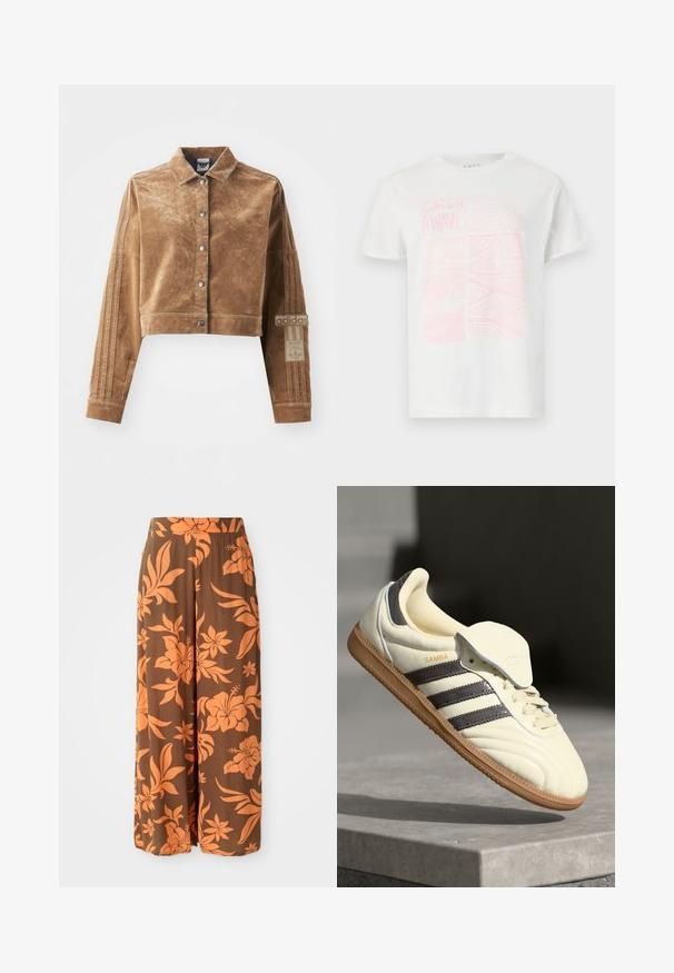 Rudas trumpas švarkas, pagamintas iš tekstūrinės medžiagos, su apykakle, priekiniais paspaudimais ir Adidas ženklu bei trimis juostelėmis ant rankovių.; Baltas medvilnės marškinėliai su rožiniu grafiniu spausdinimu ir užrašu "GAUK BANGĄ" bei abstrakčiais raštais priekyje. Trumpomis rankovėmis, apvaliu kaklu.; Rudos plačios kojų kelnės su oranžine gėlių raštu. Lygaus paviršiaus, aukšta juosmens linija ir šoninės kišenės. Kasdieniškas ir laisvas dizainas.; Kremo spalvos odiniai sportbačiai su trimis tamsiomis juostelėmis, rudos gumos padas ir apvalus nosis. Yra lankstus liežuvis su užrašu "SAMBA."