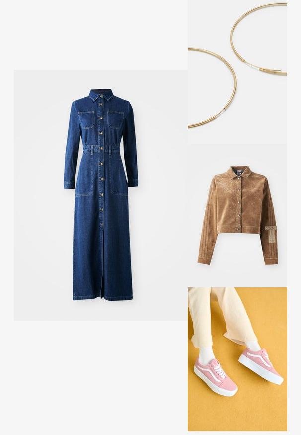 Giacca corta marrone realizzata in un materiale testurizzato, con collo, bottoni frontali a pressione e logo Adidas con tre strisce sulle maniche.; Canottiera bianca a costine con spalline sottili, caratterizzata da un design aderente e una texture liscia. Il tessuto sembra elastico e leggermente strutturato.; Abito maxi in denim con maniche lunghe, colletto a punta, chiusura frontale con bottoni, due tasche sul petto, vita stretta e spacchi laterali per facilitare i movimenti.; Sneakers di tela rosa con dettagli e lacci bianchi, caratterizzati da una superficie testurizzata e una suola in gomma bianca, posti su uno sfondo giallo.; Borsa a tracolla in pelle marrone con una texture morbida, caratterizzata da un design ampio e una sola tracolla. Indossata con un giubbino di jeans blu.; Orecchini a cerchio color oro, sottili e rotondi, con una finitura metallica liscia e senza decorazioni o motivi.