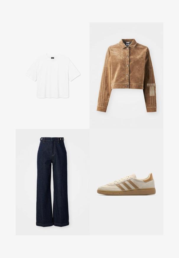 Chaqueta corta marrón hecha de un material texturizado, con cuello, botones frontales y la marca Adidas con tres rayas en las mangas.; Camiseta blanca recortada de algodón, con escote redondo y mangas cortas. Diseño simple sin patrones ni acentos.; Vaqueros de pierna ancha azul oscuro, confeccionados en denim, con cintura alta, diseño de cinco bolsillos y costuras naranjas contrastantes.; Zapatilla de ante beige con acentos en marrón claro. Presenta tres rayas marrones, suela de goma texturizada y un diseño de punta redonda.
