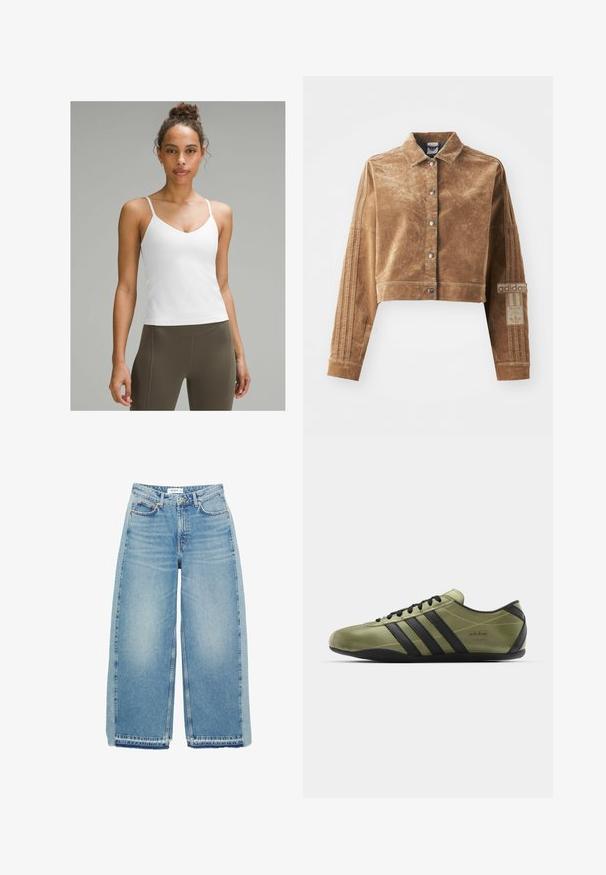 Braune cropped Jacke aus einem strukturierten Material, mit Kragen, vorderem Druckknopfverschluss und Adidas-Logo mit drei Streifen auf den Ärmeln.; Weißes Camisole-Oberteil mit dünnen Trägern, V-Ausschnitt, glatter Textur, figurbetontem Schnitt, kombiniert mit hochgeschnittenen olivgrünen Leggings.; Helleblaue, weit geschnittene Jeans aus Denim, mit hoher Taille, Knopfverschluss, Vordertaschen und rohem Saum.; adidas Originals TOKYO - Sneaker low - gold metallic/core black