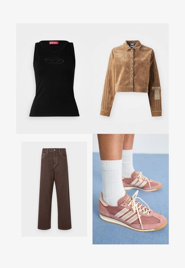 Brūna īsā jaka, kas izgatavota no teksturēta materiāla, ar apkakli, priekšējiem spiedpogām un Adidas zīmolu трīs svītrām uz piedurknēm.; Melna bezpiedurkņu topiņa, izgatavota no mīksta kokvilnas, ar smalki iepresēta logo centrā un sarkanu zīmola etiķeti pie kakla izgriezuma.; Brūnas platās denima bikses ar kontrastējošiem šuvēm, piecām kabatām un metāla pogu aizdari. Gluda tekstūra, taisna griezuma.; Rozā zamšādas un neilona sporta apavi ar baltām svītrām un auklām. Tekstūras akcenti un viegla gumijas zole. Kombinēti ar baltām ribotām zeķēm.