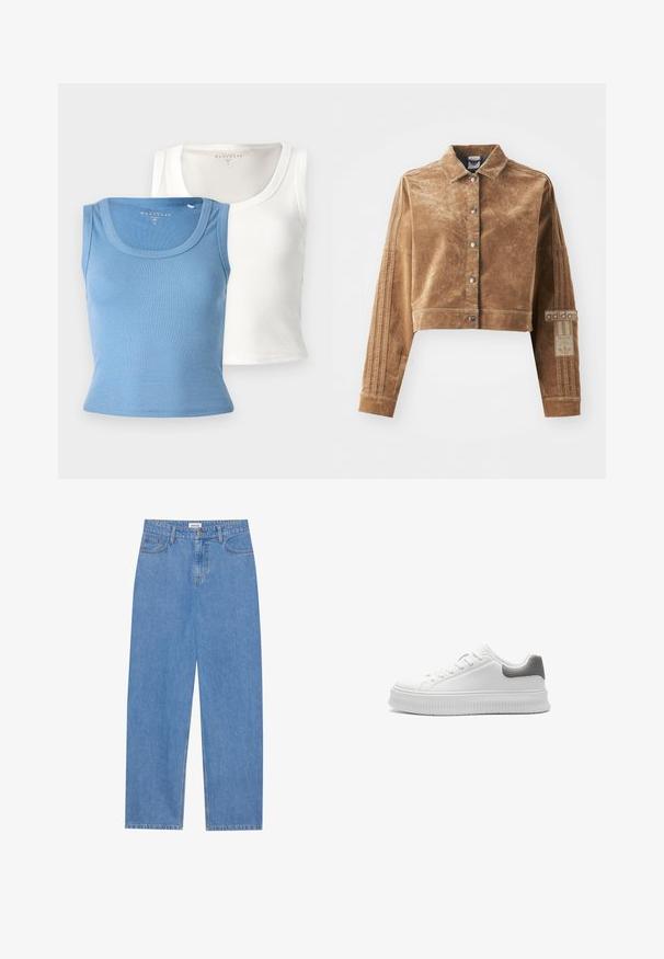 Brun cropped jakke lavet af et tekstureret materiale, med krave, trykknapper foran og Adidas branding med tre striber på ærmerne.; To stribede toppe: en lys blå og en hvid. Hver har en rund halsudskæring og en tætsiddende silhuet, der fremhæver stoffets tekstur.; Lysblå denim jeans med lige pasform, femlommemodel, enkelt knaplukning og diskrete syninger på sømmene.; Hvid sneakers med glat syntetisk overdel, tekstureret grå hælaccent, rund tå og tyk ribbet sål. Snøret design med minimal branding.