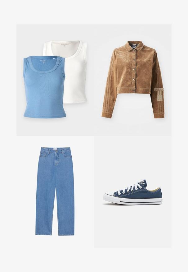 Jachetă scurtă maro dintr-un material texturat, cu guler, niște capse pe față și branding Adidas cu trei dungi pe mâneci.; Două topuri fără mâneci cu caneluri: unul de culoare albastru deschis și unul alb. Fiecare are un guler rotund și o siluetă ajustată, subliniind textura materialului.; Jeans din denim de culoare albastru deschis, cu croială dreaptă, design cu cinci buzunare, închidere cu un singur buton și detalii subtile de cusătură pe cusături.; Adidași din pânză de culoare albastru marin cu ochiuri și șireturi albe, având o vârf din cauciuc alb și o bandă neagră pe talpă.