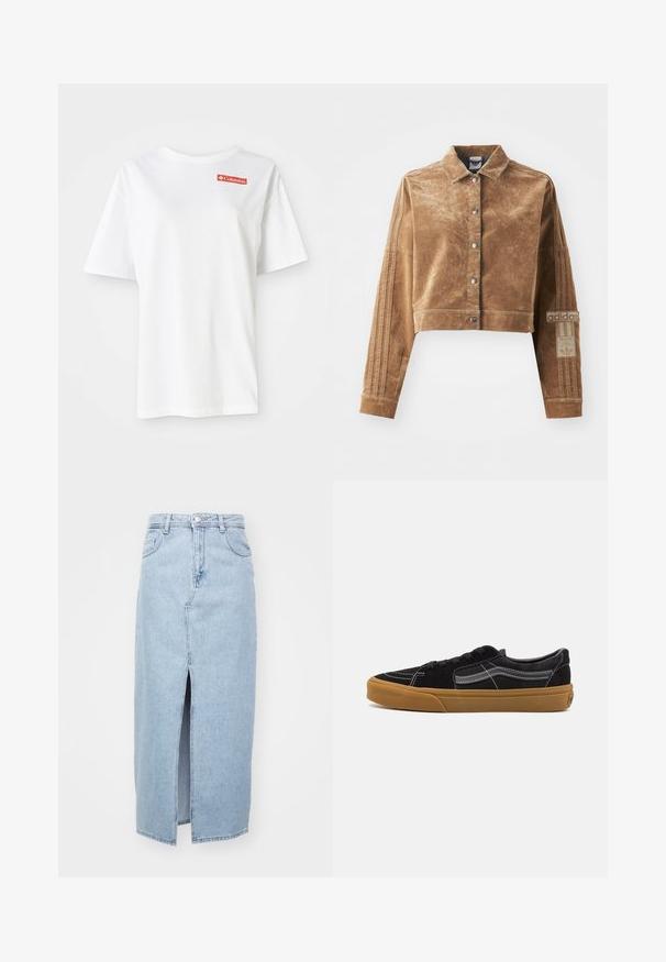 Rudas trumpas švarkas, pagamintas iš tekstūrinės medžiagos, su apykakle, priekiniais paspaudimais ir Adidas ženklu bei trimis juostelėmis ant rankovių.; Balta medvilnė marškinėliai su trumpomis rankovėmis ir apvaliu iškirpimu, su mažuoju raudonu Columbia logotipu kairėje krūtinės pusėje.; Šviesiai mėlynas džinsinis sijonas su priekinėmis plyšio detalėmis, diržo kilpomis ir klasikinio penkių kišenių dizainu. Lygus paviršius su švariu užbaigimu.; Juodi suede sportbačiai su balta siūle ir firminiu šoniniu juosteliu, turintys rudą gumos padą ir žemo profilio dizainą. Su juodais raišteliais.