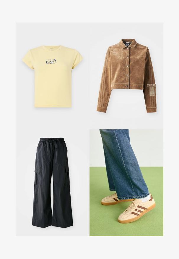 Rjava skrajšana jakna iz teksturiranega materiala, s ovratnikom, sprednjimi zapnali in Adidasovo blagovno znamko s tremi črtami na rokavih.; Rumena bombažna majica s kroženim izrezom in kratkimi rokavi, na sprednji strani pa modri tekst logo "OBEY" v dekorativni pisavi.; Črne cargo hlače iz lahko tkanine, z širokim krojem, elastičnim pasom in več stranskimi žepi. Preprosto in funkcionalno.; Bež teniske z teksturiranimi kremnimi paneli in rjavimi črtami, v kombinaciji z modrimi kavbojkami. Kavbojke imajo široke hlačnice in raztrgan rob.