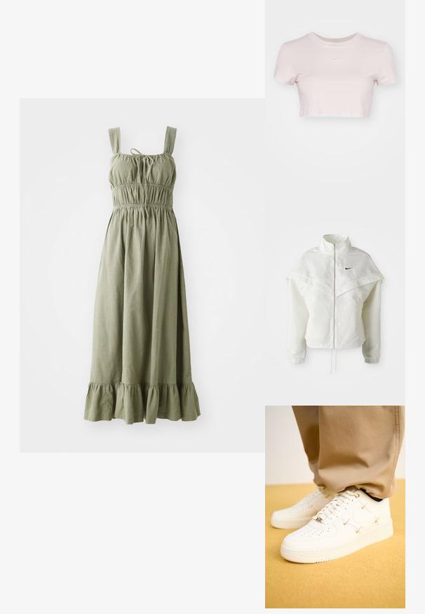 Vit långärmad zip-up jacka med hög krage, kap-liknande detalj över axlarna, elastiska ärmslut och liten svart Nike-logga på bröstet.; Olivenfärgad maxiklänning i lätt tyg, med justerbara axelband, elastisk midja och volangkant.; Kortärmad T-shirt i ljusrosa, tillverkad av mjukt material. Har rundad halsringning och korta ärmar med en liten vit Nike-logotyp på bröstet.; Vita lädersneakers med perforerade tår, gyllene detaljer och plana snören, i kombination med beige byxor på en strukturerad gul yta.