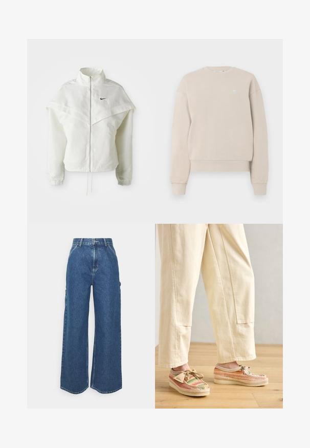 Giacca bianca a maniche lunghe con zip e colletto alto, dettaglio a mantella sulle spalle, polsini elasticizzati e piccolo logo Nike nero sul petto.; Felpa beige a girocollo realizzata in cotone misto, con collo e polsini a coste, e un piccolo logo sul petto.; Pantaloni in denim blu a gamba larga con vita alta, cuciture a contrasto e tasche laterali, caratterizzati da un classico design a cinque tasche e orli grezzi.; Scarpe intrecciate multicolori con una base beige, caratterizzate da una punta arrotondata e una chiusura con lacci. Tessuto testurizzato con una superficie decorata e dettagli color nocciola.