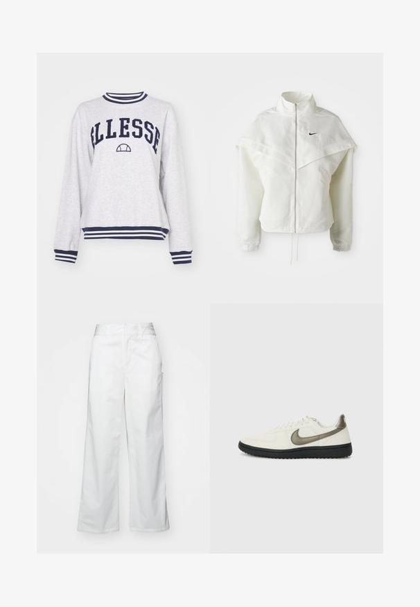 Fehér, hosszú ujjú, zipzáras dzseki magas gallérral, a vállakon lebegő, köpenyszerű résszel, rugalmas mandzsettákkal és kis fekete Nike logóval a mellkason.; Ellesse FEDERICAN - Melegítőfelső - grey marl; Fehér, bő szárú nadrág, pamutból készült, sima textúrával, egyenes szabással, elülső zsebekkel és tiszta szegéllyel.; Nike Sportswear FIELD GENERAL - Sportcipő - off-white/black