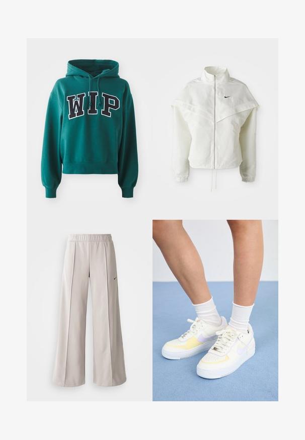 Veste zippée à manches longues blanche avec col haut, détail de type cape sur les épaules, poignets élastiques et petit logo Nike noir sur la poitrine.; Haut court vert avec capuche à cordon. Présente des lettres « WIP » en gras noir et blanc sur le devant. Tissu doux avec des poignets côtelés.; Pantalons larges gris clair en tissu lisse. Comprend une taille élastique et un logo Nike noir sur le côté gauche.; Baskets en cuir blanc avec des accents jaunes et lavande, bout rond, lacets plats et semelle en caoutchouc texturée. Portées avec des chaussettes blanches.