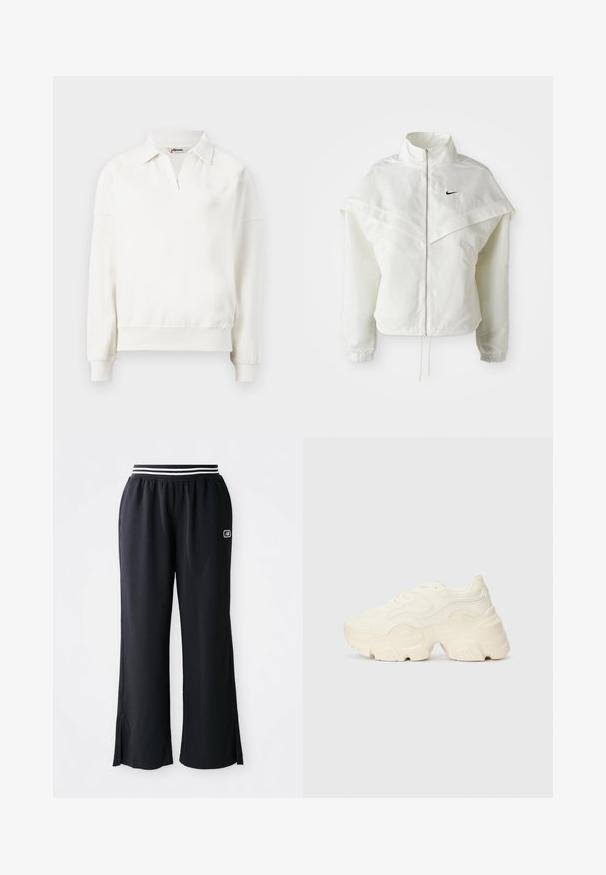 Witte lange mouwen zip-up jas met hoge kraag, cape-achtige details over de schouders, elastische manchetten en een klein zwart Nike-logo op de borst.; Crewneck pullover van off-white katoen, met een polo kraag, lange mouwen en een geribde zoom. Subtiele logo-details op de borst.; Zwarte sportbroeken met een wijde pijpdesign, een elastische tailleband met zwart-witte strepen en zijslits aan de zoom.; Chunky witte sneakers gemaakt van geperforeerd mesh en synthetische materialen, met een dikke zool en ingewikkelde patroon details aan de zijkanten.