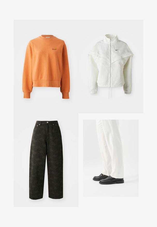 Veste zippée à manches longues blanche avec col haut, détail de type cape sur les épaules, poignets élastiques et petit logo Nike noir sur la poitrine.; Sweatshirt orange en coton doux, avec un col rond côtelé, des manches longues et un petit logo brodé sur la poitrine.; Un pantalon large vert foncé présente un motif floral texturé, un design à cinq poches et des fermetures à bouton en métal à la taille.; Mocassins en cuir noir avec une texture lisse, des détails de couture et un bout arrondi, associés à un pantalon blanc ajusté.