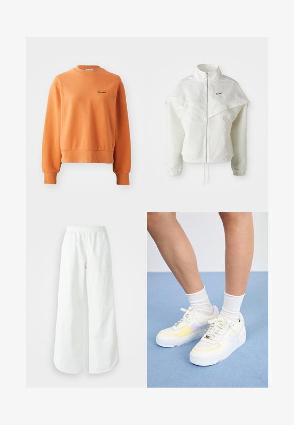 Bjela jakna dugih rukava s patentnim zatvaračem i visokim ovratnikom, s kapastim detaljima preko ramena, elastičnim manžetama i malim crnim Nike logom na prsima.; Narančasta dukserica od mekog pamuka, s rebrastim okruglim izrezom, dugim rukavima i malim izvezenim logom na prsima.; Bijele široke sportske hlače s rebrastim pojasom i suptilnim logotipom. Glatka tkanina s opuštenim krojem i suženim rubom.; Bijele kožne tenisice s žutim i lavandinim naglascima, okrugli vrh, ravne vezice i teksturirana gumena potplat. Nosene s bijelim čarapama.