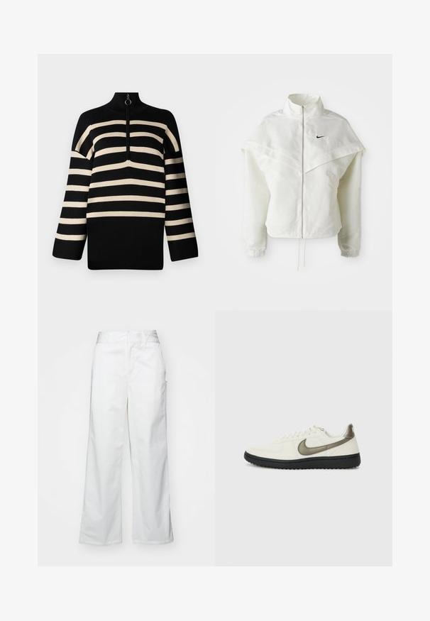 Veste zippée à manches longues blanche avec col haut, détail de type cape sur les épaules, poignets élastiques et petit logo Nike noir sur la poitrine.; Pull à rayures noir et crème avec col montant et fermeture éclair quart de zip. Texture en tricot avec manches larges et coupe décontractée.; Pantalons oversized blancs en coton, avec une texture lisse, une coupe droite, des poches avant et un ourlet soigné.; Nike Sportswear FIELD GENERAL - Baskets basses - off-white/black