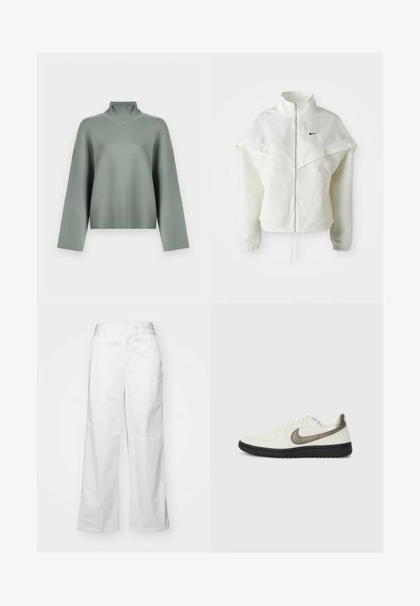 Bjela jakna dugih rukava s patentnim zatvaračem i visokim ovratnikom, s kapastim detaljima preko ramena, elastičnim manžetama i malim crnim Nike logom na prsima.; Svijetlo žadno zeleni pleteni pulover s dugim širokim rukavima i visokim ribanim turtleneck ovratnikom na bijeloj pozadini.; Bijele hlače širokih nogavica napravljene od pamuka, s glatkom teksturom, ravnim krojem, prednjim džepovima i čistim rubom.; Nike Sportswear FIELD GENERAL - Tenisice - off-white/black