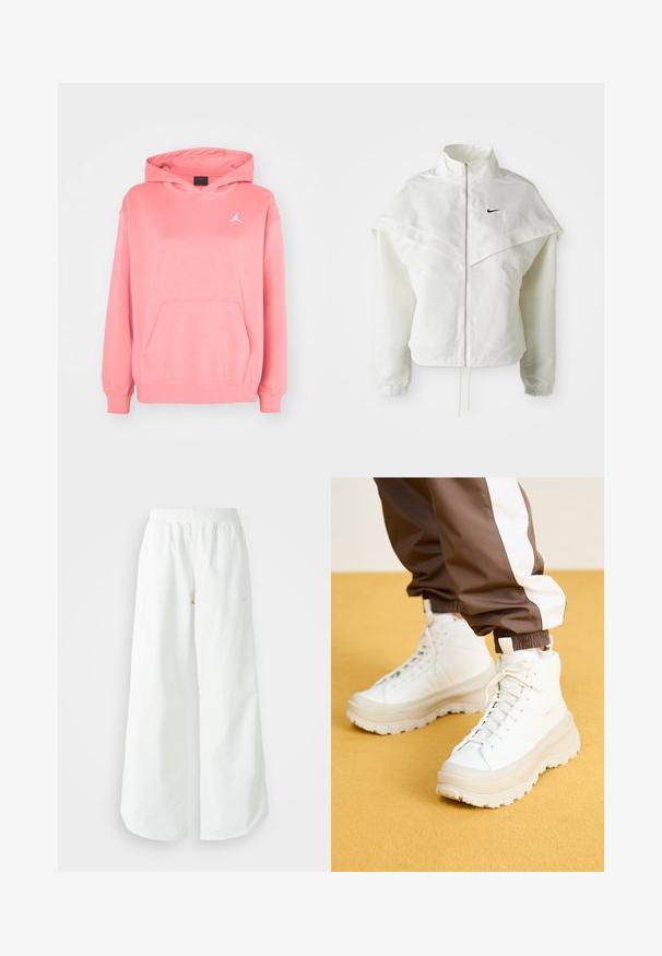 Valge pikkade varrukatega tõmblukuga jakk kõrge kraega, kätetooted, mis meenutavad katet õlgadel, elastsete mansettidega ja väikese musta Nike logoga rinnal.; Roosa kapuutsiga sviiter, millel on esikott, soonikud varrukatel ja serval. Rinnal on valge logo. Pehme kangas sileda tekstuuriga.; Valged laiad spordipüksid, ribadega vöökoht ja diskreetne logosümbol. Sile kangas, lõdvestatud istuvus ja kitsenev ääreosa.; Valged kõrged tossud koos raske, tekstureeritud tallaga, sujuva ülaosa, ümmarguse varbaga ja tonaalsete nööpidega, kollase tausta ees.