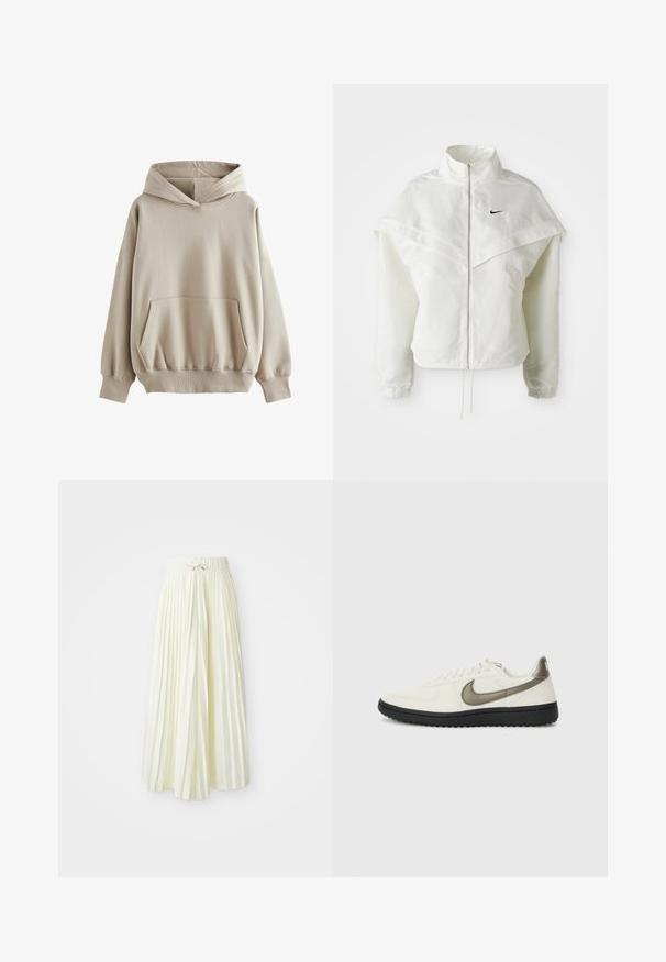 Bílá dlouhá zipová bunda s vysokým límcem, pláštěnkovým detailem přes ramena, elastickými manžetami a malým černým logem Nike na hrudi.; Béžová mikina s kapucí vyrobená z měkkého materiálu, s kapsou na přední straně, žebrovanými manžetami a lemem. Dlouhé rukávy s volným střihem.; Plisovaná midi sukně ze světlého žlutého materiálu, vybavená elastickým pasem se zavazováním, hladkou texturou a svislými pruhy pro přidaný detail.; Nike Sportswear FIELD GENERAL - Tenisky - off-white/black