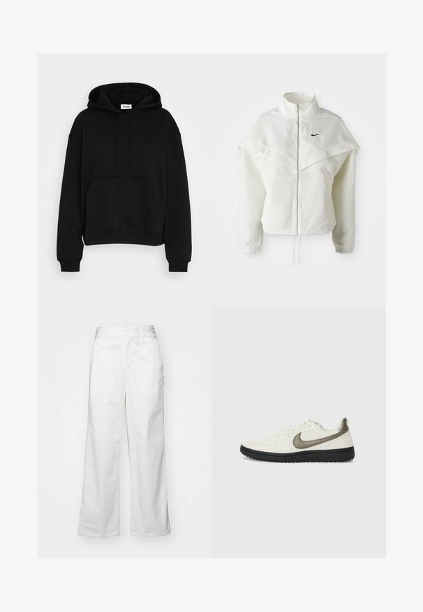 Biela bunda s dlhým rukávom na zips a vysokým golierom, s plášťovým detailom cez plecia, elastickými manžetami a malým čiernym logom Nike na hrudi.; Čierna mikina s kapucňou, predným vačkovým vreckom, rebrovanými manžetami a lemom. Vyrobená z mäkkého materiálu, s nastaviteľnými šnúrkami.; Biele široké nohavice vyrobené z bavlny, s hladkým povrchom, rovnou siluetou, prednými vreckami a čistým lemom.; Nike Sportswear FIELD GENERAL - Tenisky - off-white/black