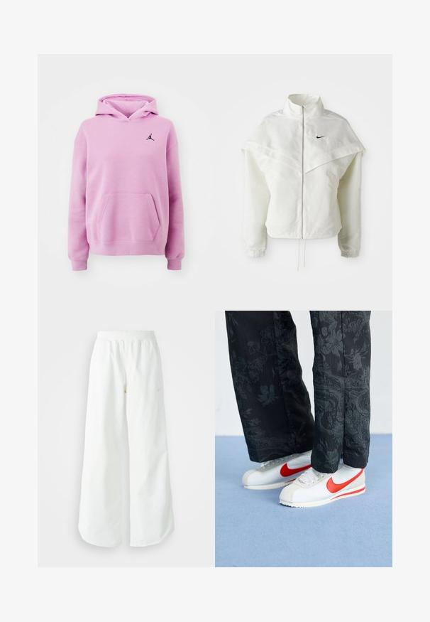 Jachetă albă cu mâneci lungi, cu fermoar, guler înalt, detalii asemănătoare unei capele pe umeri, manșete elastice și un mic logo Nike negru pe piept.; Hanorac roz deschis, realizat dintr-un material moale, cu un buzunar tip cangur, manșete ribdate și un logo Jorden negru pe piept.; Pantaloni atletici largi, alba, cu un talie elastica texturata si detalii subtile cu logo. Material neted, cu o croiala lejera si tiv conformat.; Adidași albi Nike cu accente roșii, asortați cu pantaloni negri cu un model floral. Textura este netedă, cu o talpă plată împletită.