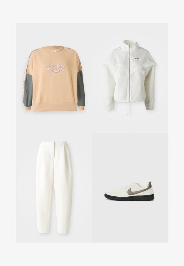 Veste zippée à manches longues blanche avec col haut, détail de type cape sur les épaules, poignets élastiques et petit logo Nike noir sur la poitrine.; Sweat-shirt beige surdimensionné avec un graphique rosa "BILLABONG", des manches vertes et des accents à motifs le long des coutures des bras. Matière en coton doux.; Pantalons blancs taille haute cintrés avec une fermeture frontale dissimulée et des poches latérales, présentés sur un fond blanc uni.; Nike Sportswear FIELD GENERAL - Baskets basses - off-white/black