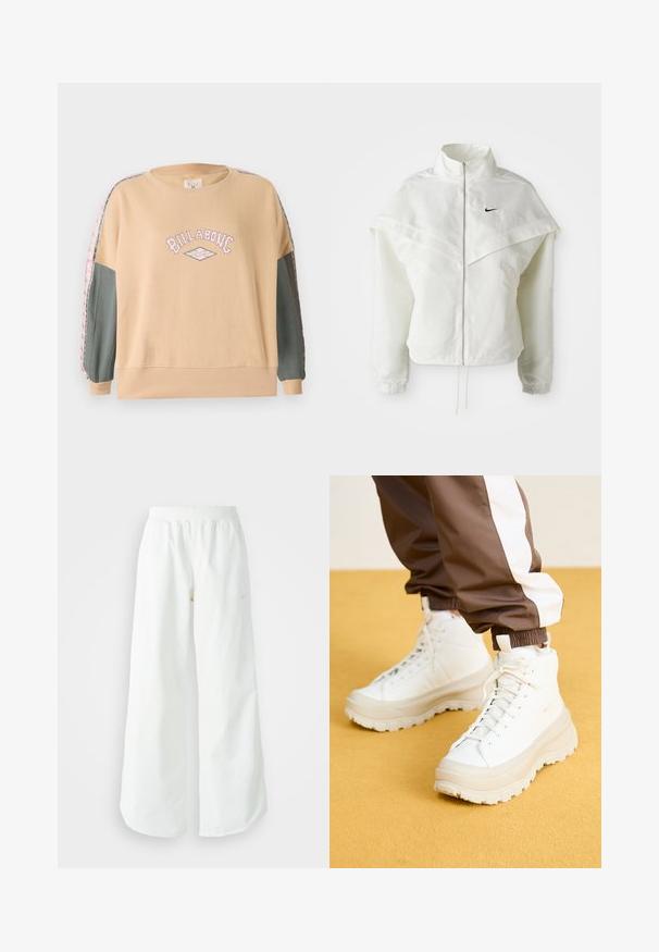 Witte lange mouwen zip-up jas met hoge kraag, cape-achtige details over de schouders, elastische manchetten en een klein zwart Nike-logo op de borst.; Beige oversized sweatshirt met roze "BILLABONG" grafiek, groene mouwen en gemusterde accenten langs de mouwnaden. Zacht katoenmateriaal.; Witte atletische broek met wijde pijpen, een geribde tailleband en subtiele logodetails. Soepele stof met een relaxte pasvorm en taps toelopende zoom.; Witte hoge sneakers met een chunky, gestructureerde zool, voorzien van een gladde bovenkant, ronde neus en tonale veters, tegen een gele achtergrond.