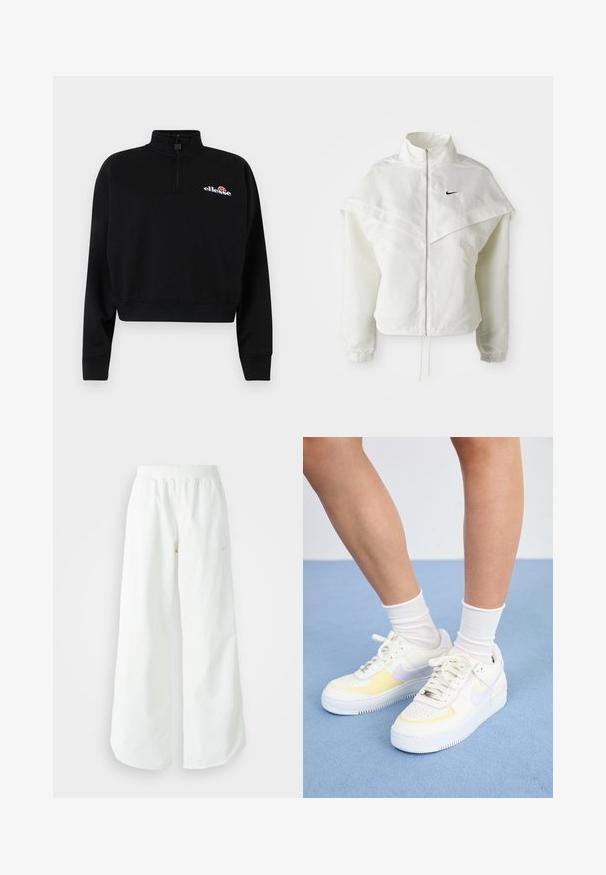 Balta garās piedurknes ar rāvējslēdzēju jaka ar augstu apkakli, apmetņa līdzīga detaļa uz pleciem, elastīgas aproces un mazs melns Nike logotips uz krūtīm.; Melna īsā sporta krekls ar augstu apkakli, pus-zibspuldzi un izšūtu logo uz krūtīm. Izgatavots no mīksta auduma ar ribotām piedurknēm.; Baltas, platais sporta bikses ar ribotu jostasvītru un smalku logotipa detaļu. Gluda auduma ar brīvu piegriezumu un sašaurinātu apakšdaļu.; Balti ādas sporta apavi ar dzelteniem un lavandas akcentiem, apaļa purngala forma, plakani šņores un teksturēta gumijas zole. Valkāti ar baltām zeķēm.