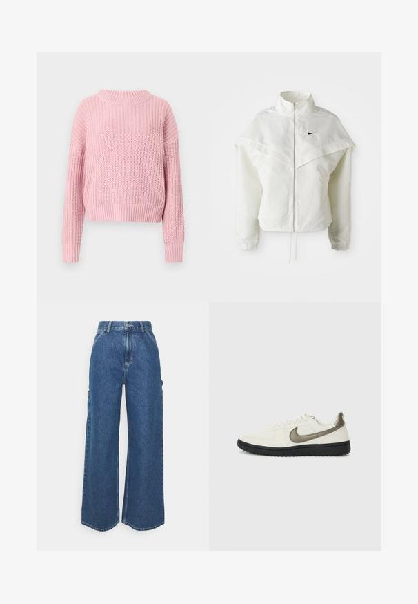 White long-sleeve zip-up jacket with high collar, cape-like detail across shoulders, elastic cuffs, and small black Nike logo on chest.; Pink knitted sweater with a ribbed texture, relaxed fit, wide round neckline, and long sleeves, featuring a cropped style and solid color.; Wide-leg blue denim trousers with a high waist, contrasting stitching, and side pockets, featuring a classic five-pocket design and raw hems.; Nike Sportswear FIELD GENERAL - Trainers - off-white/black