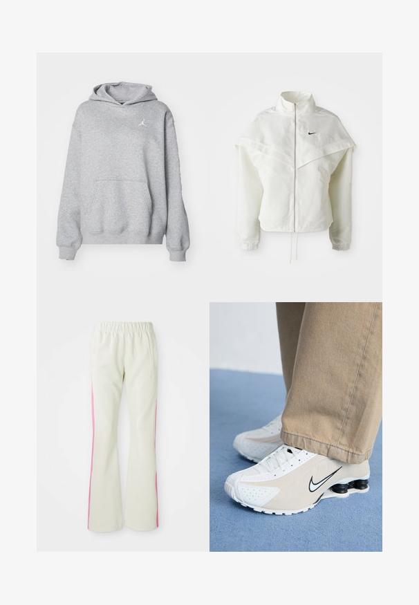 Giacca bianca a maniche lunghe con zip e colletto alto, dettaglio a mantella sulle spalle, polsini elasticizzati e piccolo logo Nike nero sul petto.; Felpa grigia realizzata in un tessuto morbido con tasca a marsupio, polsini e orlo a coste. Presenta un piccolo logo bianco Jordan sul petto.; Pantaloni beige chiaro con cintura elastica, dotati di pannelli laterali rosa e tasche laterali. Tessuto morbido con design a gamba dritta.; Sneaker Nike bianchi e beige con design perforato, logo swoosh nero, parte superiore testurizzata e distintivo tallone nero elastico.