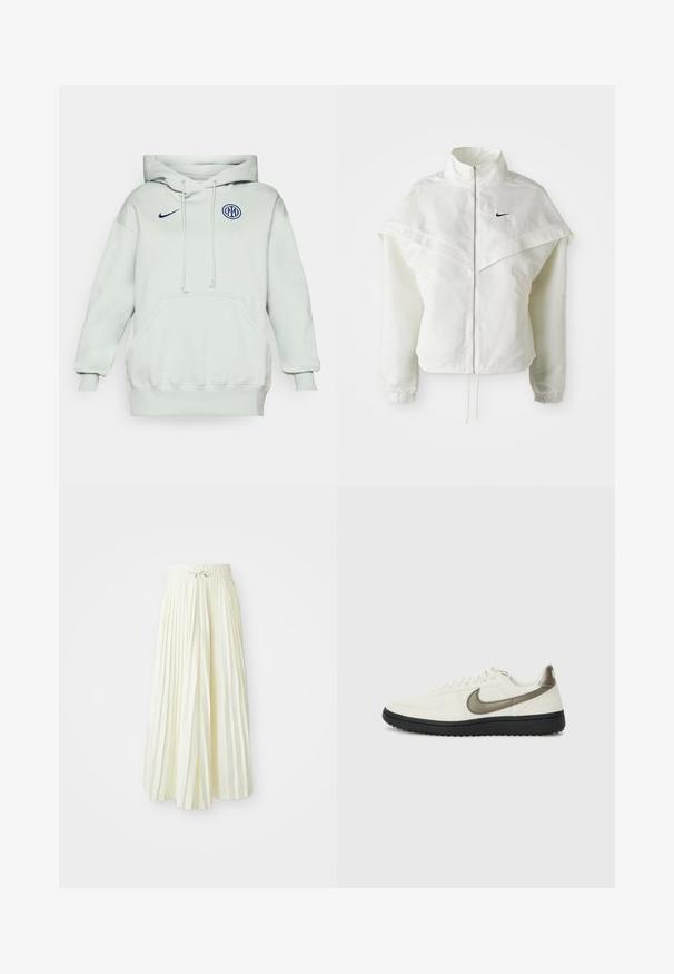 Valge pikkade varrukatega tõmblukuga jakk kõrge kraega, kätetooted, mis meenutavad katet õlgadel, elastsete mansettidega ja väikese musta Nike logoga rinnal.; Heledad roheline kapuutsiga särk suure esikotiga, nööriga ja soonikute otstega. Esiküljel on sinine Nike logo ja ringikujuline sinine embleem.; Kergelt kollasel kangast volditud midi seelik, millel on elastne vöökoht koos nööriga, sile tekstuur ja vertikaalsed triibud lisadetailideks.; Nike Sportswear FIELD GENERAL - Tossud - off-white/black