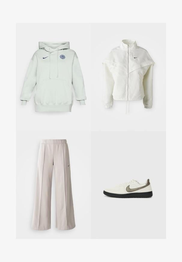 Giacca bianca a maniche lunghe con zip e colletto alto, dettaglio a mantella sulle spalle, polsini elasticizzati e piccolo logo Nike nero sul petto.; Felpa verde chiaro con grande tasca frontale, lacci e polsini a coste. Presenta un grande logo Nike blu e un emblematic blu circolare sul petto.; Pantaloni ampi grigio chiaro realizzati in tessuto liscio. Presentano una vita elastica e il logo Nike nero sul lato sinistro.; Nike Sportswear FIELD GENERAL - Sneakers basse - off-white/black