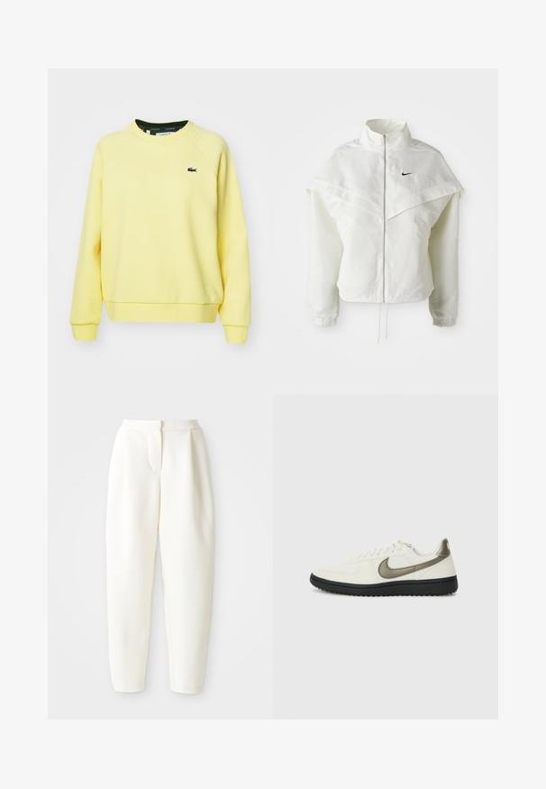 Jaqueta branca de mangas longas com fecho éclair e gola alta, detalhe tipo capa nos ombros, punhos elásticos e pequeno logótipo preto da Nike no peito.; Sweatshirt amarelo de gola redonda feito de tecido suave, com punhos e bainha canelados, apresentando um pequeno logotipo preto no lado esquerdo do peito.; Calças brancas de cintura alta e corte tapered com fecho frontal oculto e bolsos laterais, exibidas contra um fundo branco liso.; Nike Sportswear FIELD GENERAL - Sapatilhas - off-white/black