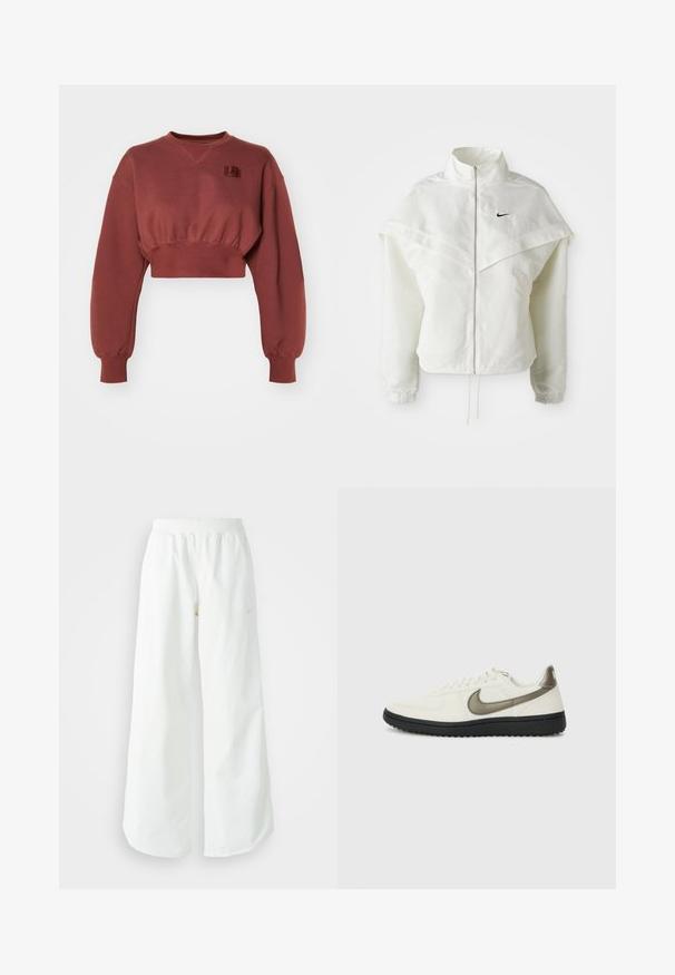 White long-sleeve zip-up jacket with high collar, cape-like detail across shoulders, elastic cuffs, and small black Nike logo on chest.; Cropped red sweatshirt in cotton blend, featuring long sleeves, dropped shoulders, and a small logo patch on the chest. Textured finish.; White wide-leg athletic pants with a ribbed waistband and subtle logo detail. Smooth fabric with a relaxed fit and tapered hem.; Nike Sportswear FIELD GENERAL - Trainers - off-white/black