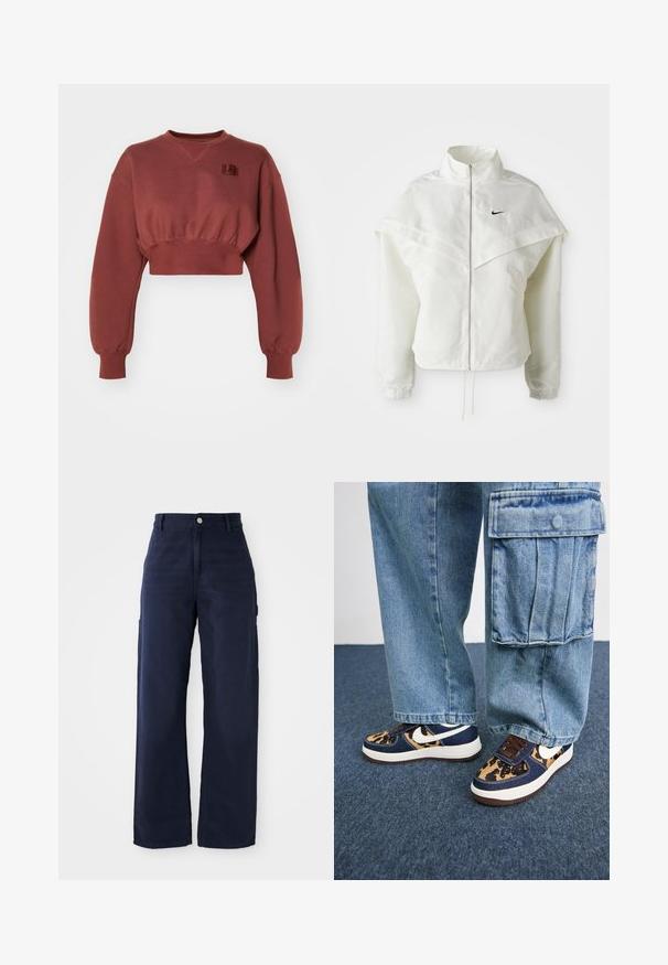 Biała, długozapinana kurtka na zamek z wysokim kołnierzem, z pelerynowym detalem na ramionach, elastycznymi mankietami i małym czarnym logo Nike na piersi.; Krótka czerwona bluza z bawełny, z długimi rękawami, opadającymi ramionami i małą łatką z logo na piersi. Teksturowane wykończenie.; Granatowe szerokie spodnie cargo z mocnej bawełnianej tkaniny, z kieszeniami po bokach i zapięciem na guzik w pasie.; Granatowe sneakersy z akcentami w panterkę, białym logo Nike, brązowymi sznurówkami i białą podeszwą. W połączeniu z jasnymi dżinsowymi spodniami cargo.