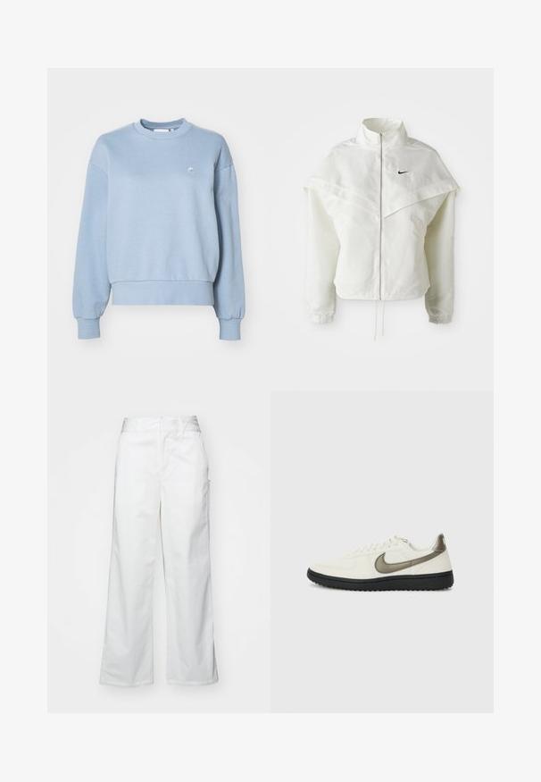 Biela bunda s dlhým rukávom na zips a vysokým golierom, s plášťovým detailom cez plecia, elastickými manžetami a malým čiernym logom Nike na hrudi.; Carhartt WIP CASEY - Mikina - frosted blue/silver; Biele široké nohavice vyrobené z bavlny, s hladkým povrchom, rovnou siluetou, prednými vreckami a čistým lemom.; Nike Sportswear FIELD GENERAL - Tenisky - off-white/black