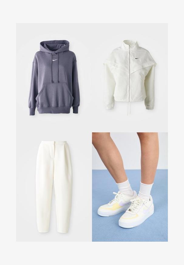 Jaqueta branca de mangas longas com fecho éclair e gola alta, detalhe tipo capa nos ombros, punhos elásticos e pequeno logótipo preto da Nike no peito.; Sweatshirt cinza com um bolso canguru na frente, capuz com cordão e um logo branco no peito. O material parece suave e texturizado. Punhos e bainha canelados.; Calças brancas de cintura alta e corte tapered com fecho frontal oculto e bolsos laterais, exibidas contra um fundo branco liso.; Sneakers de couro branco com detalhes em amarelo e lavanda, bico arredondado, cadarços planos e sola de borracha texturizada. Usados com meias brancas.