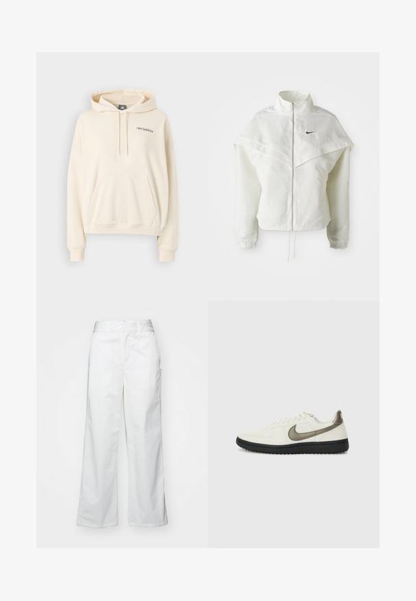 White long-sleeve zip-up jacket with high collar, cape-like detail across shoulders, elastic cuffs, and small black Nike logo on chest.; Cream-colored hoodie with a front pocket, drawstring hood, and embroidered logo on the chest. Made of soft, textured fabric.; White wide-leg trousers made from cotton, featuring a smooth texture, straight fit, front pockets, and a clean hem.; Nike Sportswear FIELD GENERAL - Trainers - off-white/black