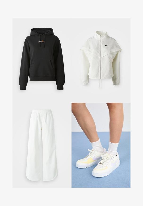 Valge pikkade varrukatega tõmblukuga jakk kõrge kraega, kätetooted, mis meenutavad katet õlgadel, elastsete mansettidega ja väikese musta Nike logoga rinnal.; Must must see, kus esik on logo.Ees on tasku, kapuuts on reguleeritav nööriga. Materjal on sile ja pehme, mansetid on soonilised.; Valged laiad spordipüksid, ribadega vöökoht ja diskreetne logosümbol. Sile kangas, lõdvestatud istuvus ja kitsenev ääreosa.; Valged nahast tossud kollaste ja lavendlitoonide aktsentidega, ümar varvas, tasased paelad ja tekstureeritud kummist tald. Kannab valgeid sokke.