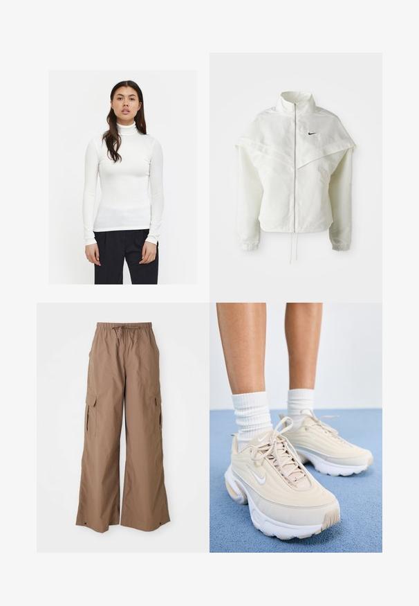 Bela jakna z dolgimi rokavi in zadrgo, visokim ovratnikom, plaščastim detajlom čez ramena, elastičnimi manšetami in majhnim črnim logotipom Nike na prsih.; Bela rebrasta turtleneck majica z dolgimi rokavi, prilegajoč dizajn in gladko teksturo. V kombinaciji z črnimi hlačami, ki poudarjajo eleganten slog.; Rjave široke cargo hlače z ohlapnim krojem, z vrvico v pasu in stranskimi žepi s preklopom, širok kroj, prikazane na belem ozadju.; Bež športni čevlji z teksturirano zgornjico, belimi vezalkami in debelim belim podplatom. Oblika vsebuje subtilne krivine in majhen logo.