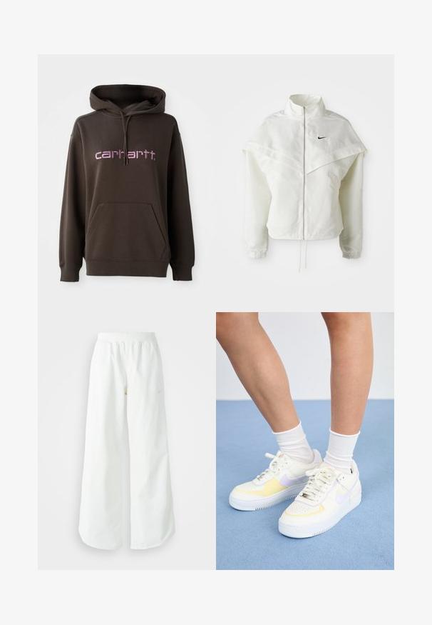Balta ilga rankovė zip-up striukė su aukštu apykakle, švarkelio tipo detalėmis ant pečių, elastingomis rankovėmis ir mažuoju juodu Nike logotipu ant krūtinės.; Ruda kapucha su priekiniais kengūros kišenėmis, išsiskirianti rožinėmis užrašų "carhartt" raidėmis. Pagaminta iš minkštos medžiagos, tekstūrinis paviršius.; Balti sportiniai keliai su platėjančiomis kojomis, su įtemptu juosmeniu ir subtilia logotipo detale. Lygus audinys, laisvas kirpimas ir siaurėjantis apatinis kraštas.; Baltos odinės sportbačiai su geltonais ir levandų akcentais, apvaliu pirštu, plokščiomis raišteliais ir tekstūruota guma. Dėvimi su baltais kojinėmis.