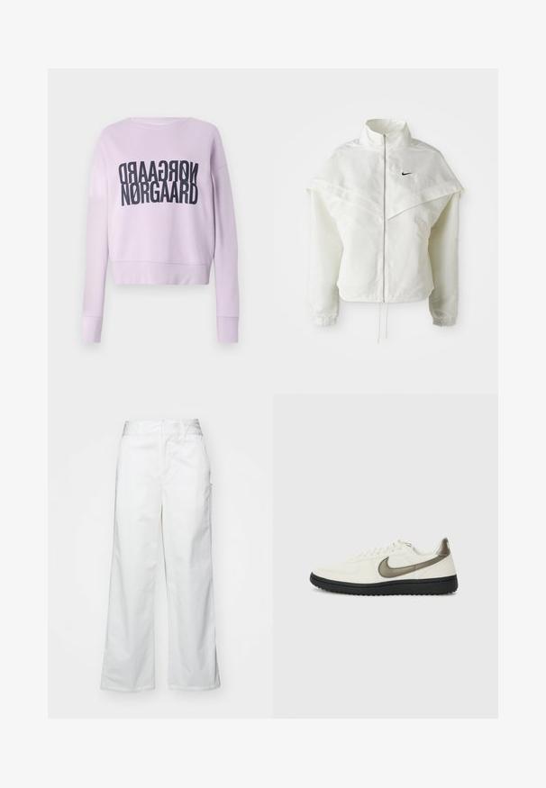 Biela bunda s dlhým rukávom na zips a vysokým golierom, s plášťovým detailom cez plecia, elastickými manžetami a malým čiernym logom Nike na hrudi.; Fialový skrátený sweatshirt vyrobený z mäkkého materiálu, s výrazným čiernym nápisom "NORGAAARD" v modernom písme na prednej strane. Dlhé rukávy s rebrovanými manžetami.; Biele široké nohavice vyrobené z bavlny, s hladkým povrchom, rovnou siluetou, prednými vreckami a čistým lemom.; Nike Sportswear FIELD GENERAL - Tenisky - off-white/black